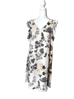 LOFT Cream Floral V-Neck Midi Dress with Black and Gold Accents